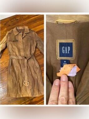 GAP Women's Tan Leather Trench Coat with Belted Waist